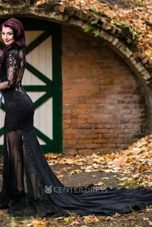 Long Sleeve Sheath V-neck Jersey Lace Floor-length Court Train Wedding Dress with Appliques