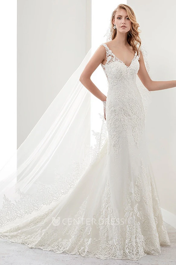 V-Neck Mermaid Sheath Lace Bridal Gown With Illusive Appliques Straps And Open Back