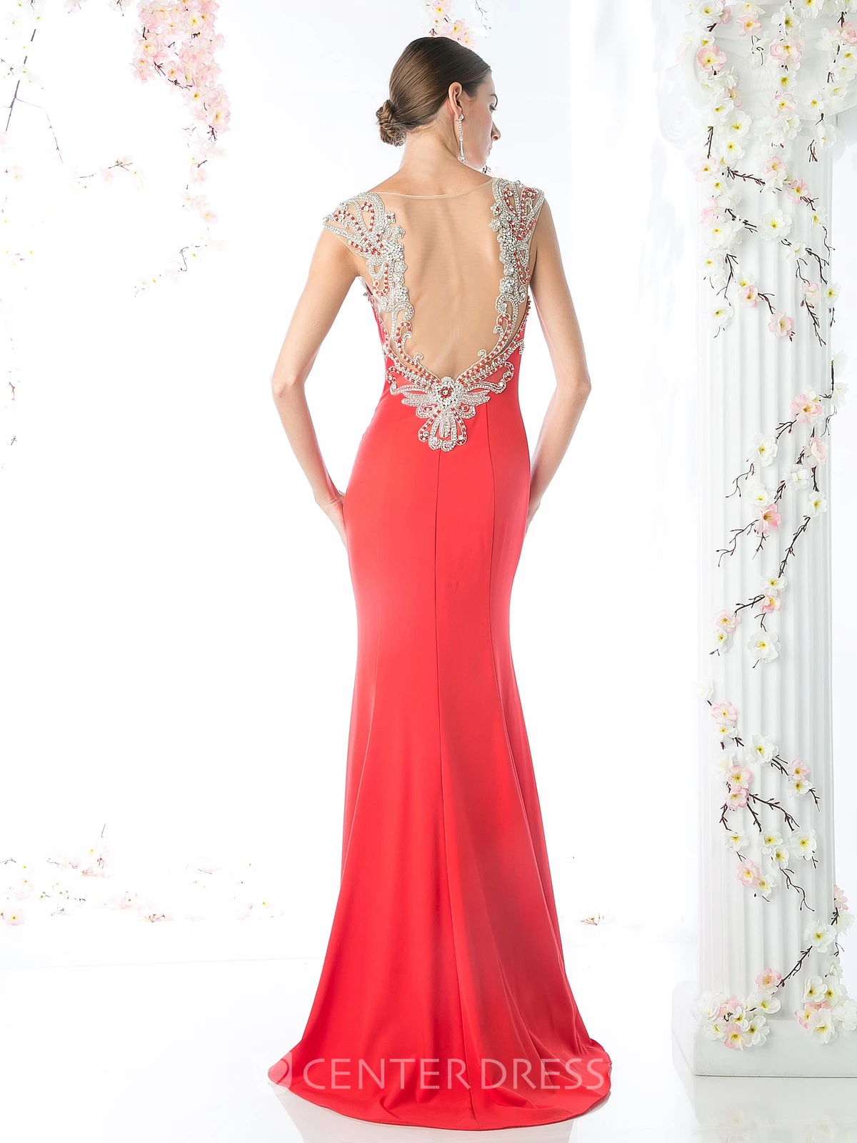 Pencil Floor-Length Bateau Sleeveless Jersey Illusion Dress With Beading