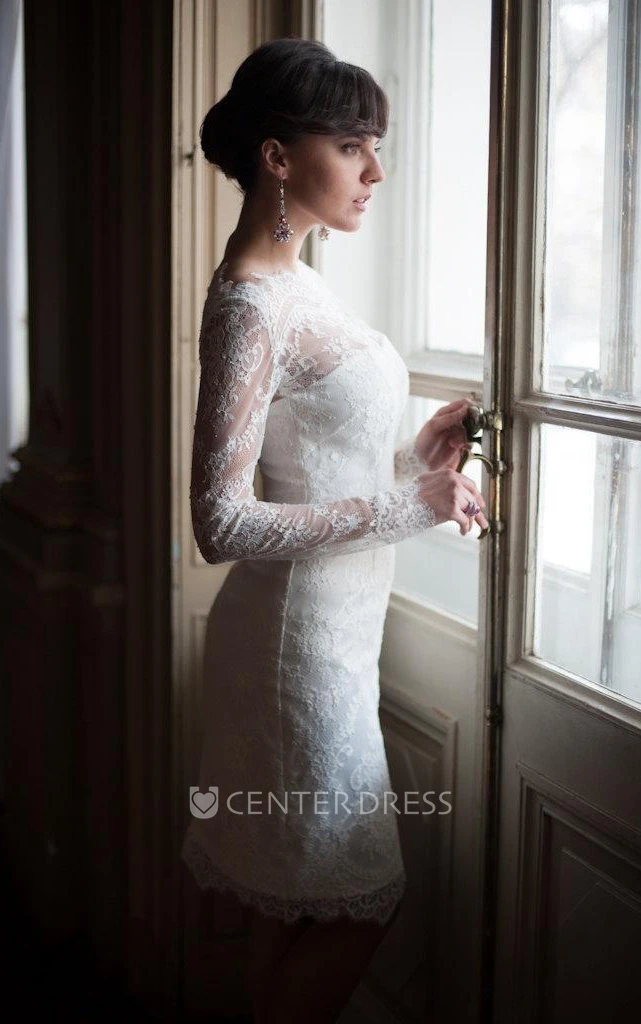 Short Sheath Lace Wedding Dress With High Neck Fitted Style