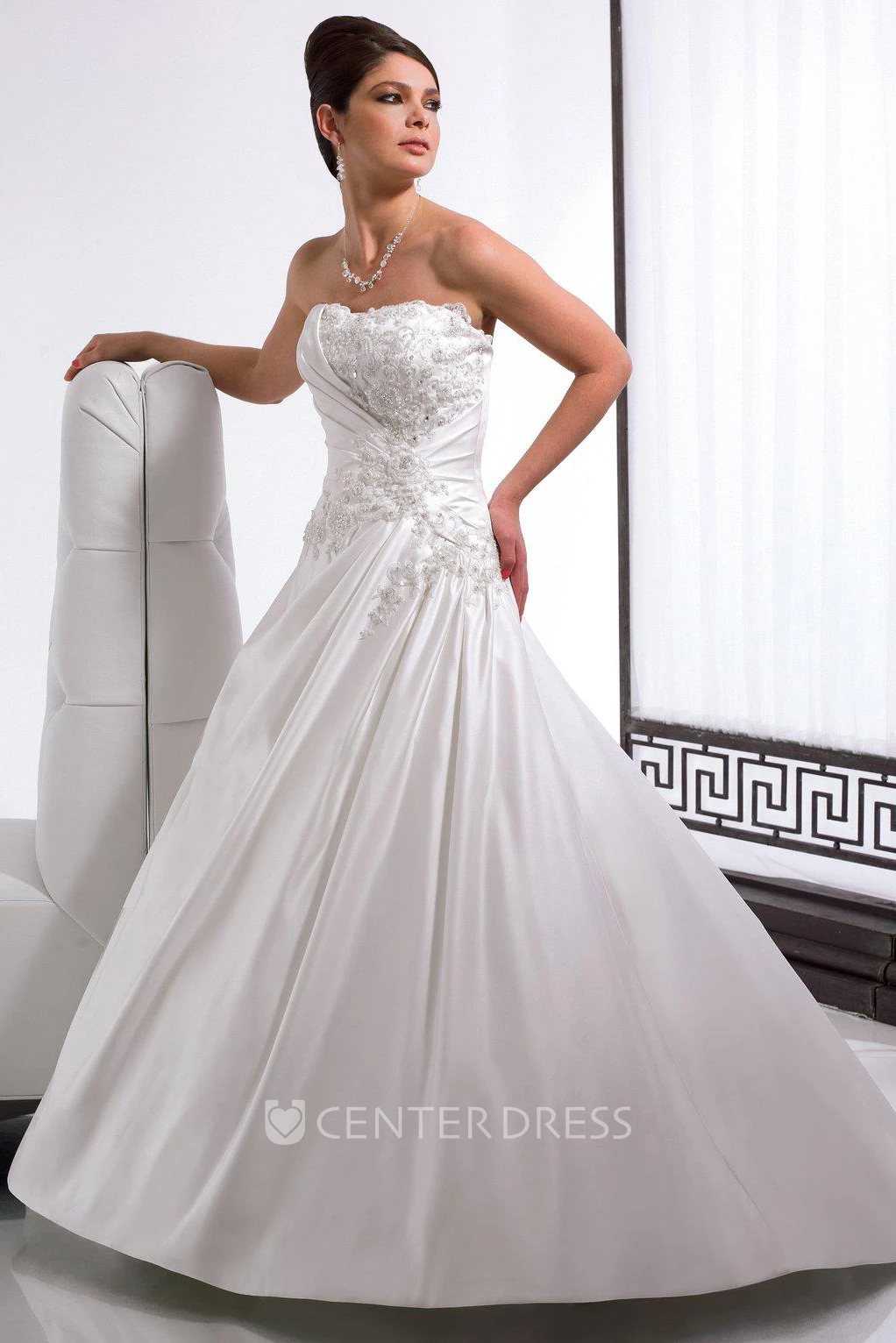 A-Line Appliqued Long Sleeveless Strapless Satin Winter Wedding Dress With Draping And Corset Back