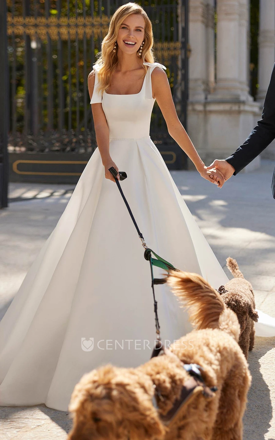 Elegant Satin Wedding Dress A Line Sleeveless Square Neck Open Back Bridal Gown