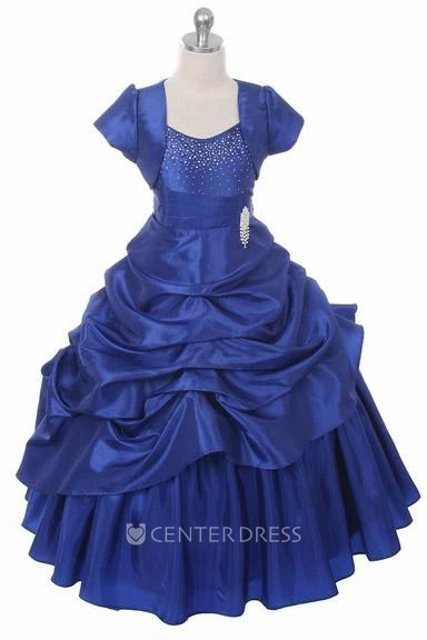 Ankle-Length Bolero Pleated Beaded Lace&Taffeta Flower Girl Dress