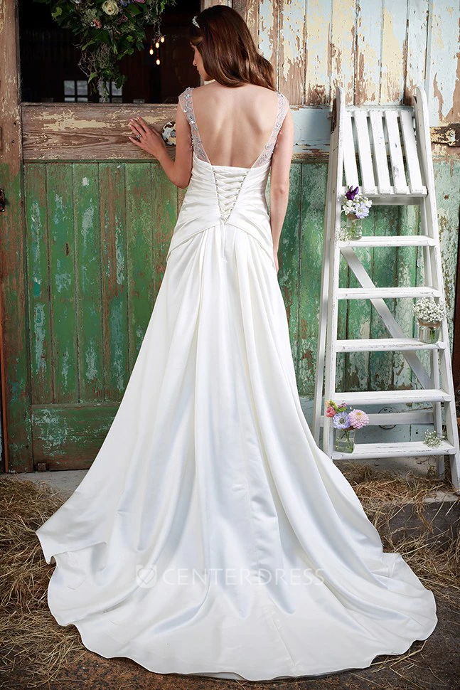 Scoop-Neck Maxi Ruched Cap-Sleeve Satin Wedding Dress With Crystal Detailing