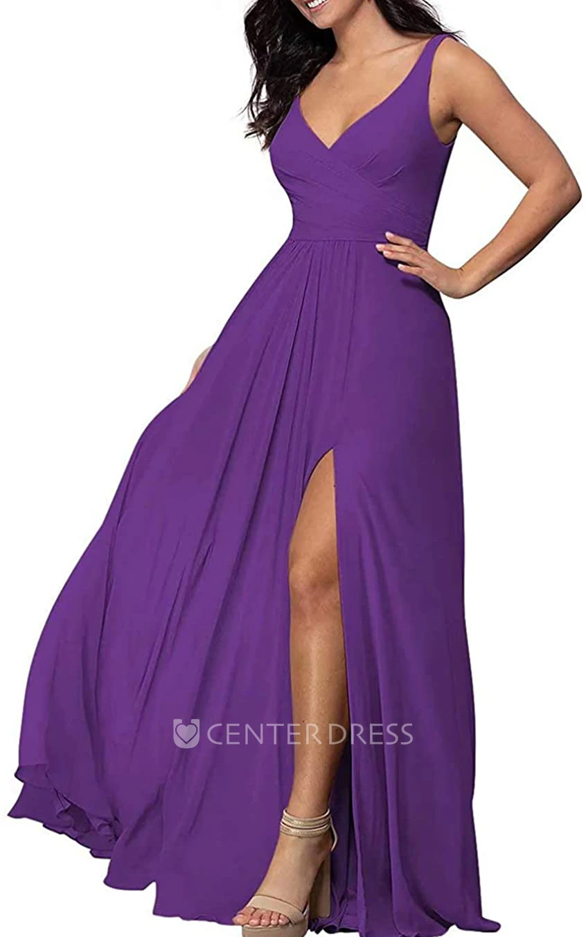 Chiffon Floor-length V-neck A Line Sleeveless Bridesmaid Dress With Criss Split Front