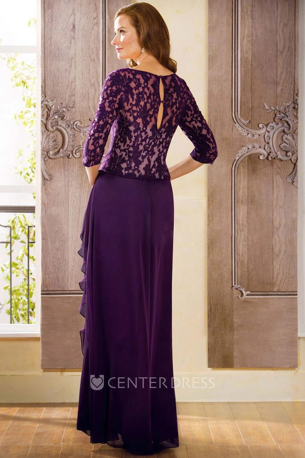 3-4 Sleeved Long Mother Of The Bride Dress With Lace And Keyhole Back