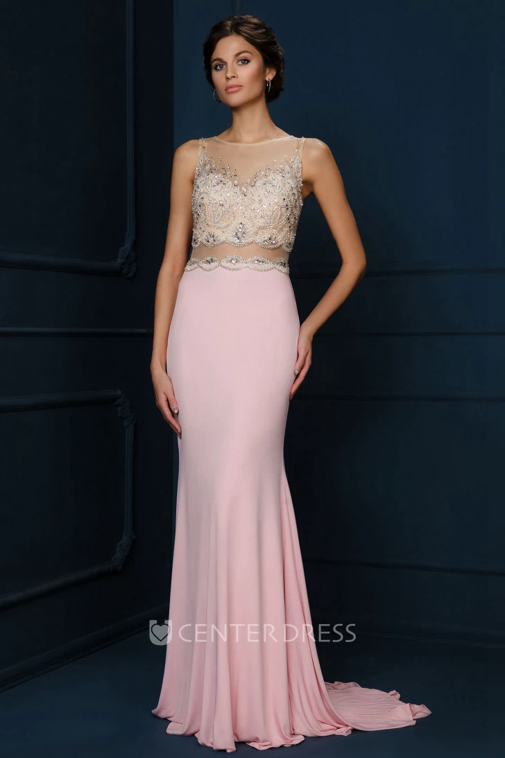 Sheath Appliqued Sleeveless Bateau Neck Chiffon Evening Dress