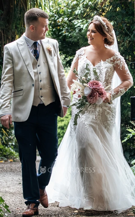 Mermaid Spring V-neck Long Sleeve Lace Elegant Wedding Dress Floor-length Women Garden