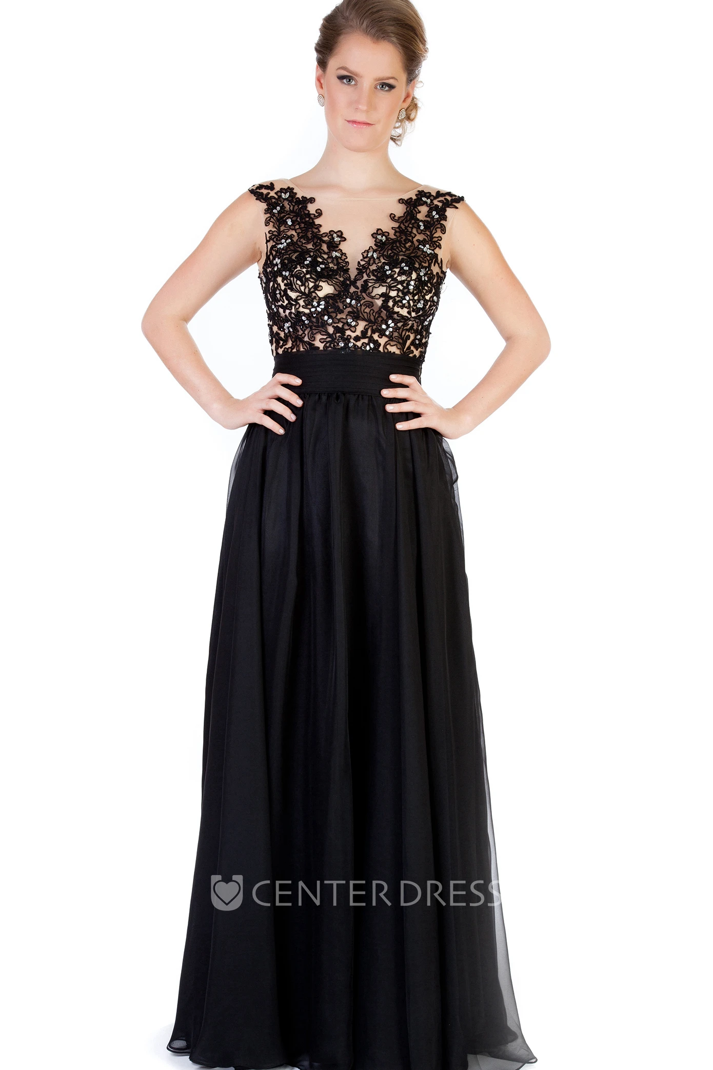 A-Line Appliqued Bateau-Neck Cap-Sleeve Floor-Length Evening Dress With Pleats