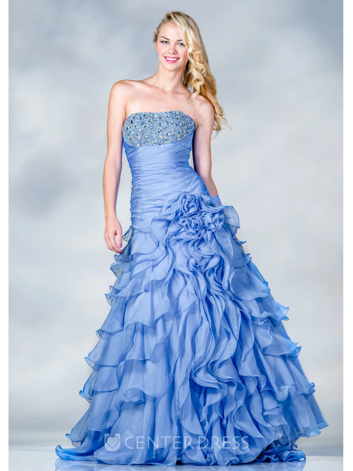 Ball Gown Strapless Sleeveless Organza Dress With Beading And Flower