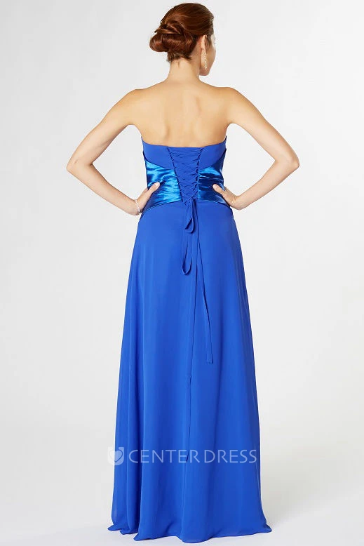 Ruched Strapless Chiffon Bridesmaid Dress With Broach And Corset Back