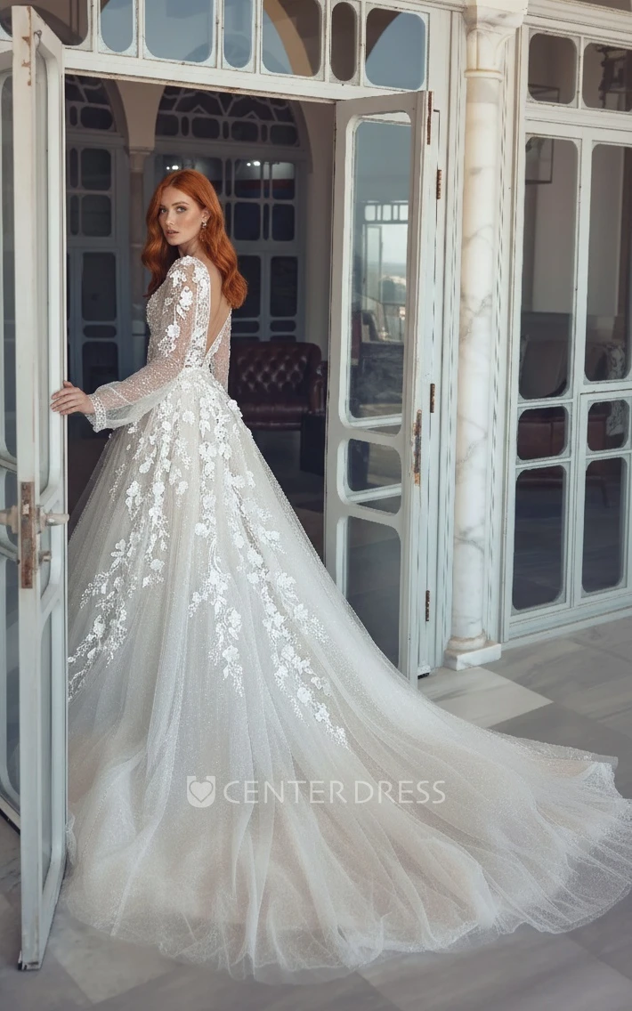 Graceful Elegant A-Line Lace Long Sleeve Spring Wedding Dress with Long Train Ethereal Princess Plunging Neckline Garden Bridal Gown