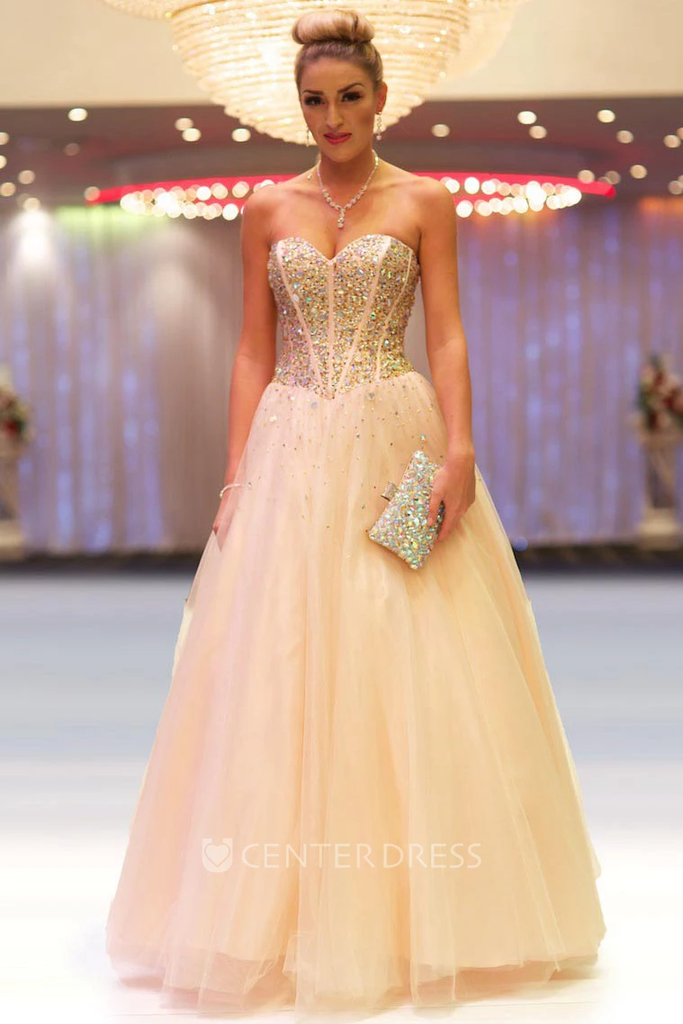 A-Line Beaded Long Sleeveless Sweetheart Tulle Prom Dress With Pleats