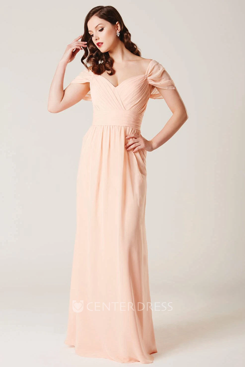 Sheath Cap Sleeve V-Neck Ruched Chiffon Bridesmaid Dress