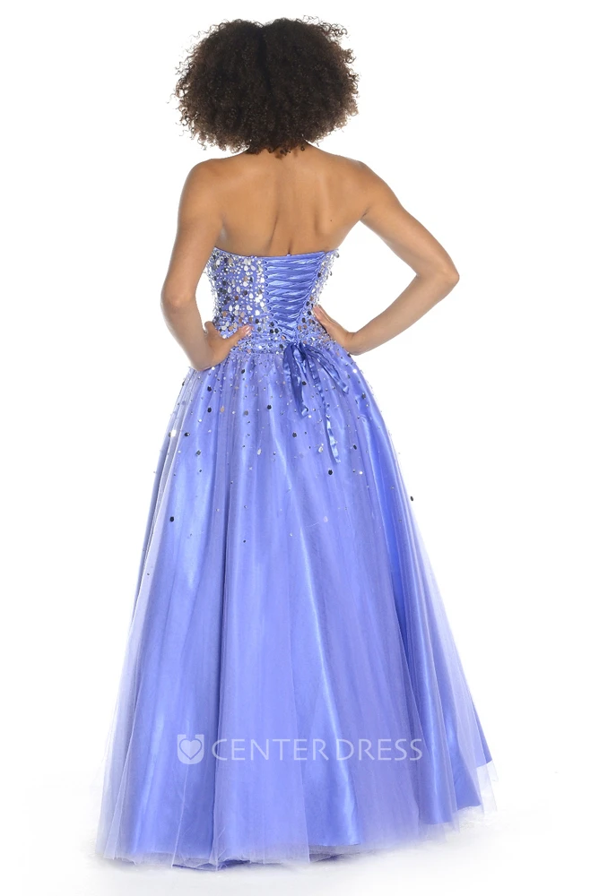A-Line Maxi Strapless Sequined Tulle Prom Dress With Lace-Up