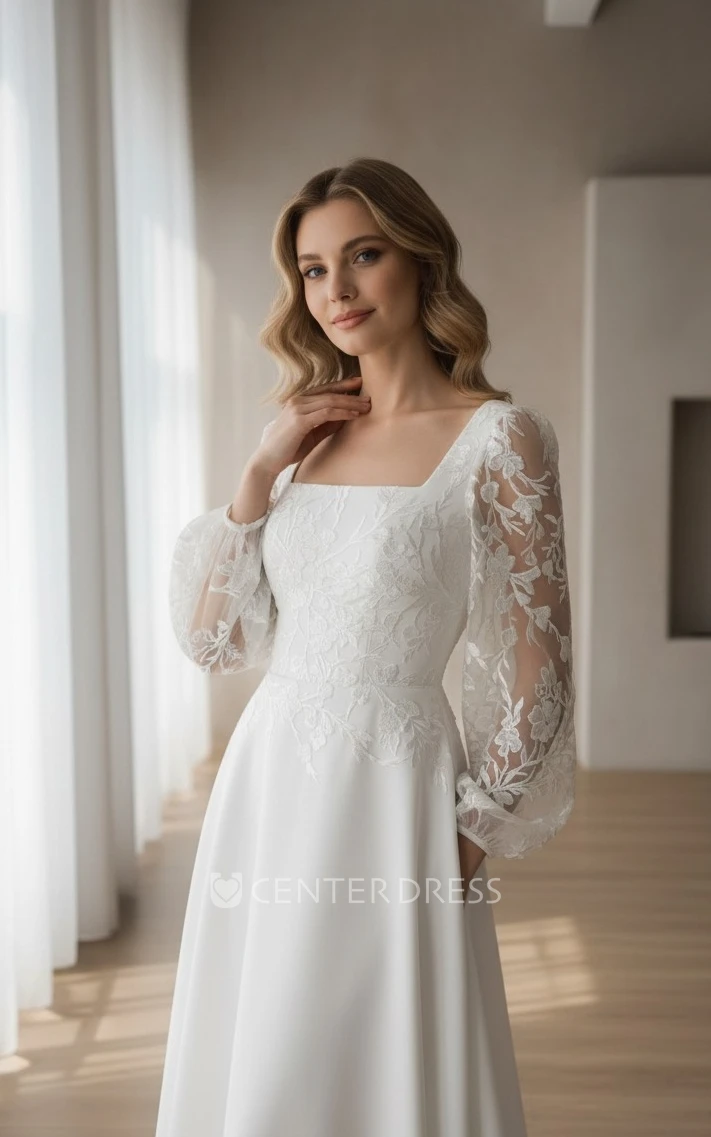 Glamorous Lace Flowers Square Neck A-Line Wedding Gown Vintage Floor-length Long Puff Sleeve Button Back Warm Bridal Dress with Appliques