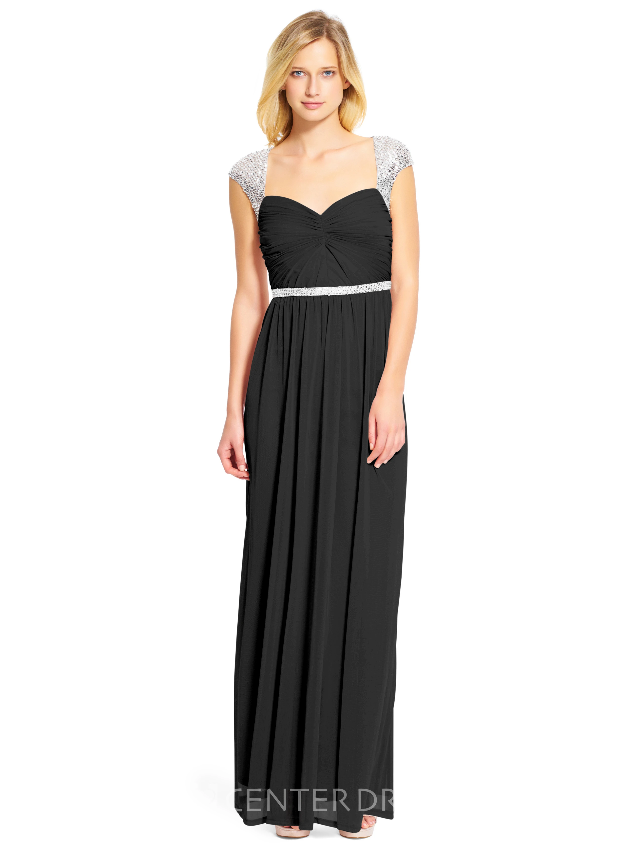 Sheath V-Neck Cap Sleeve Beaded Chiffon Bridesmaid Dress