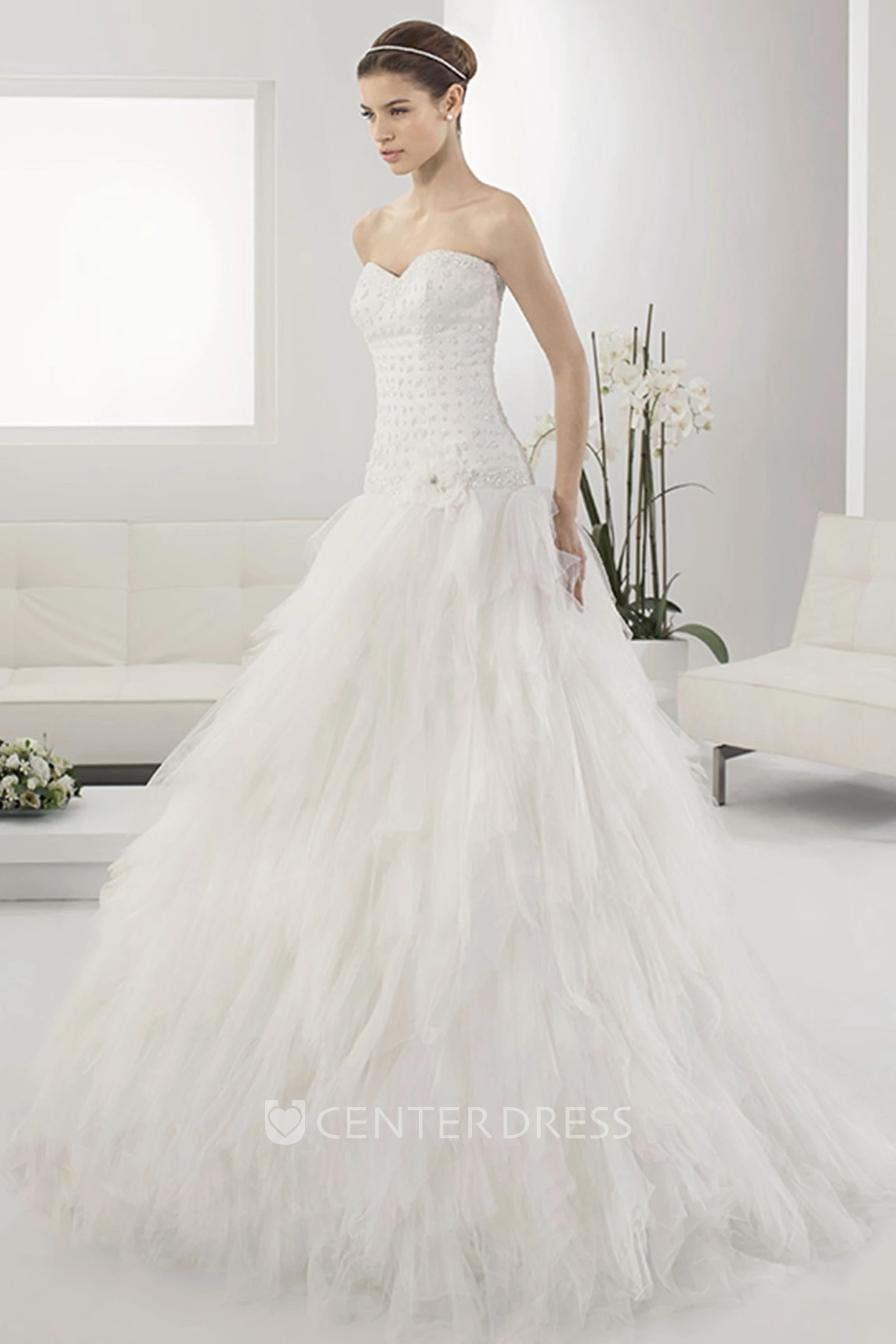 Beading Sweetheart Neck Drop Waist Bridal Gown With Tiered Tulle Skirt