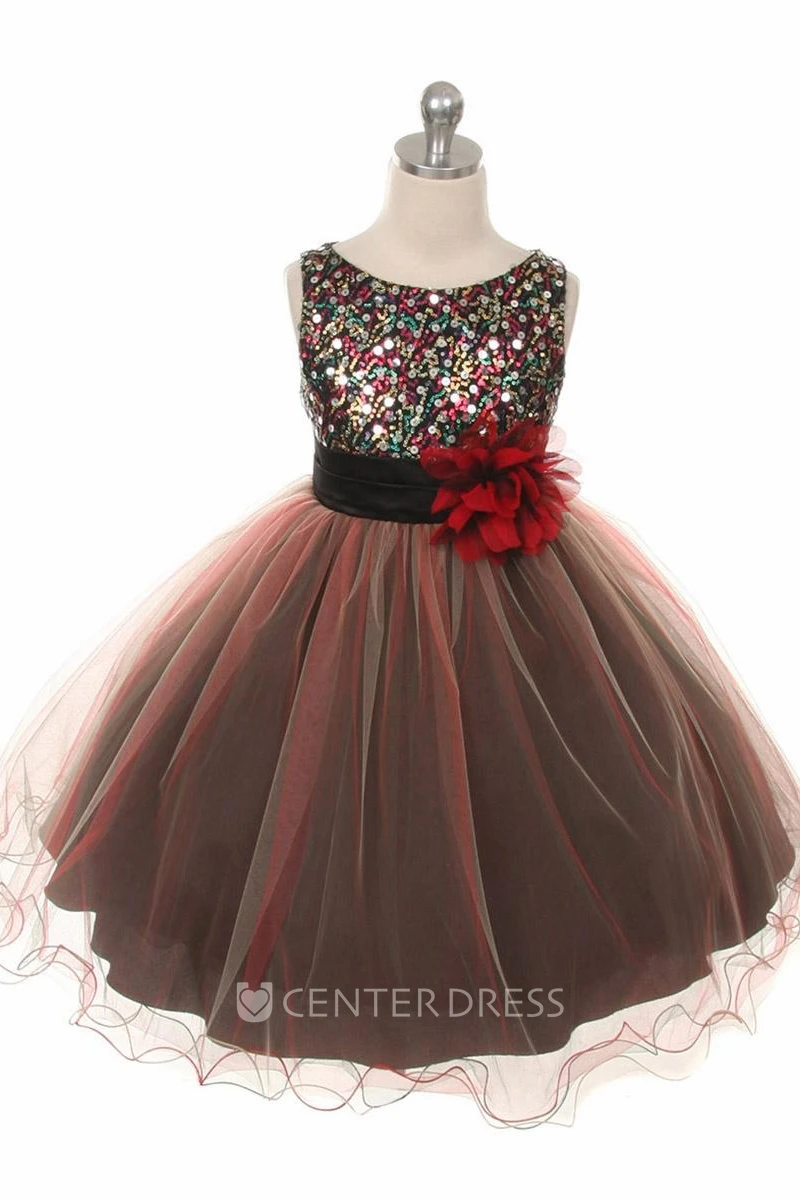 Tea-Length Pleated Tiered Sequins&Satin Flower Girl Dress