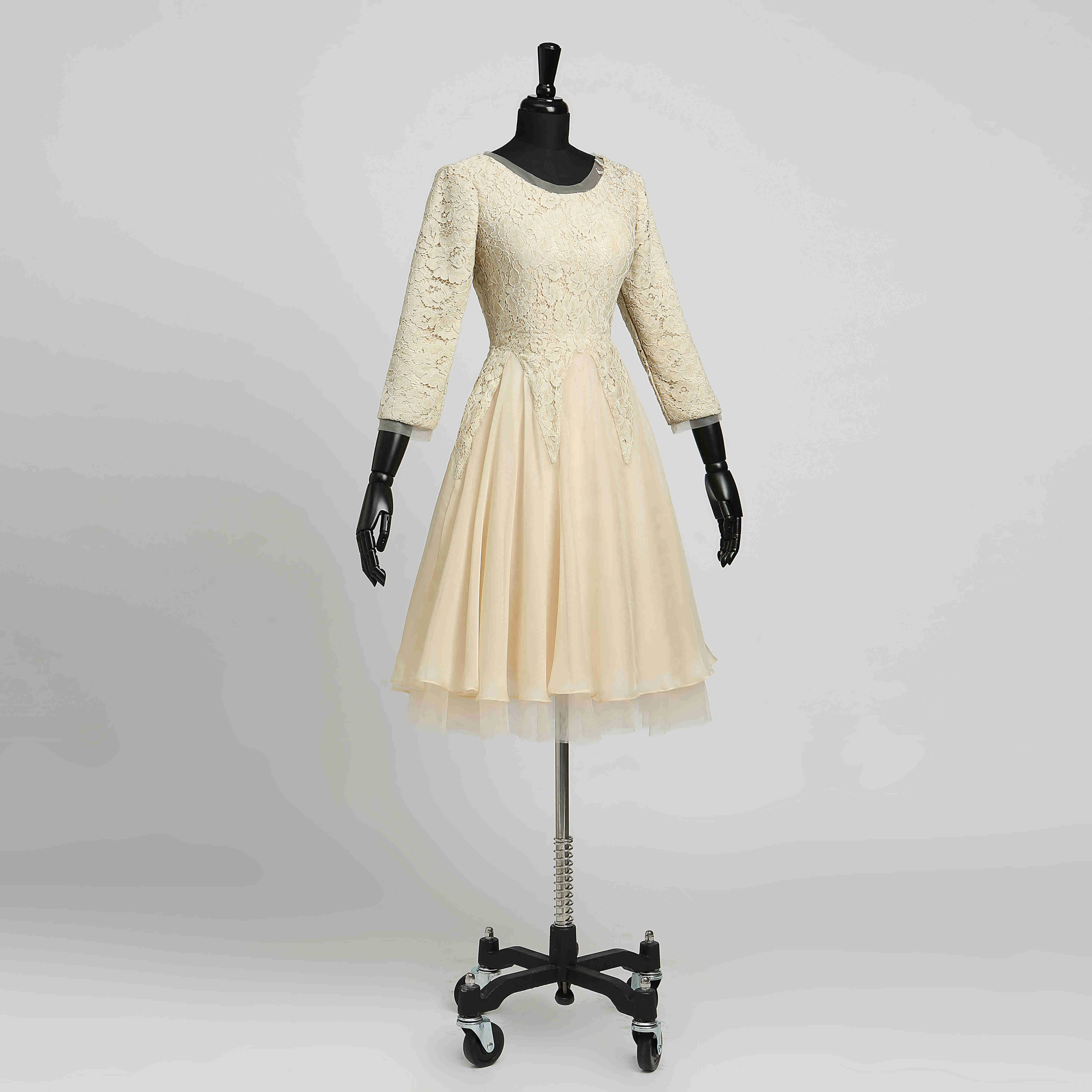 Chiffon A-Line Scoop Adorable 3-4 Length Sleeve Short Mini Zipper Dress with Lace