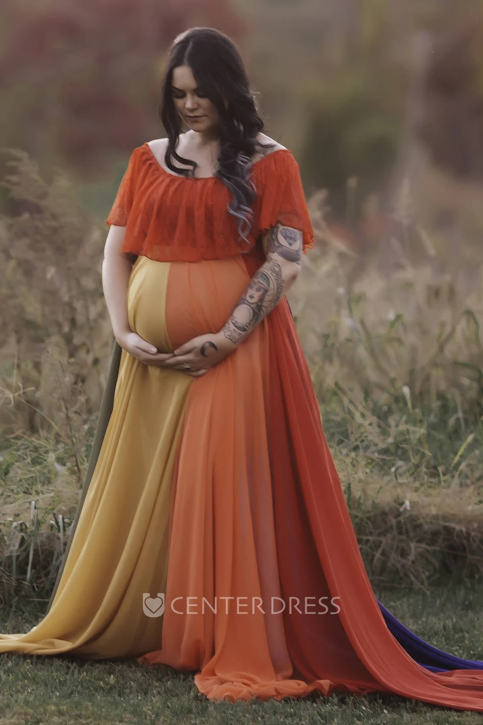 A-Line Sweep Brush Train Long Sleeve Empire Maternity Dress