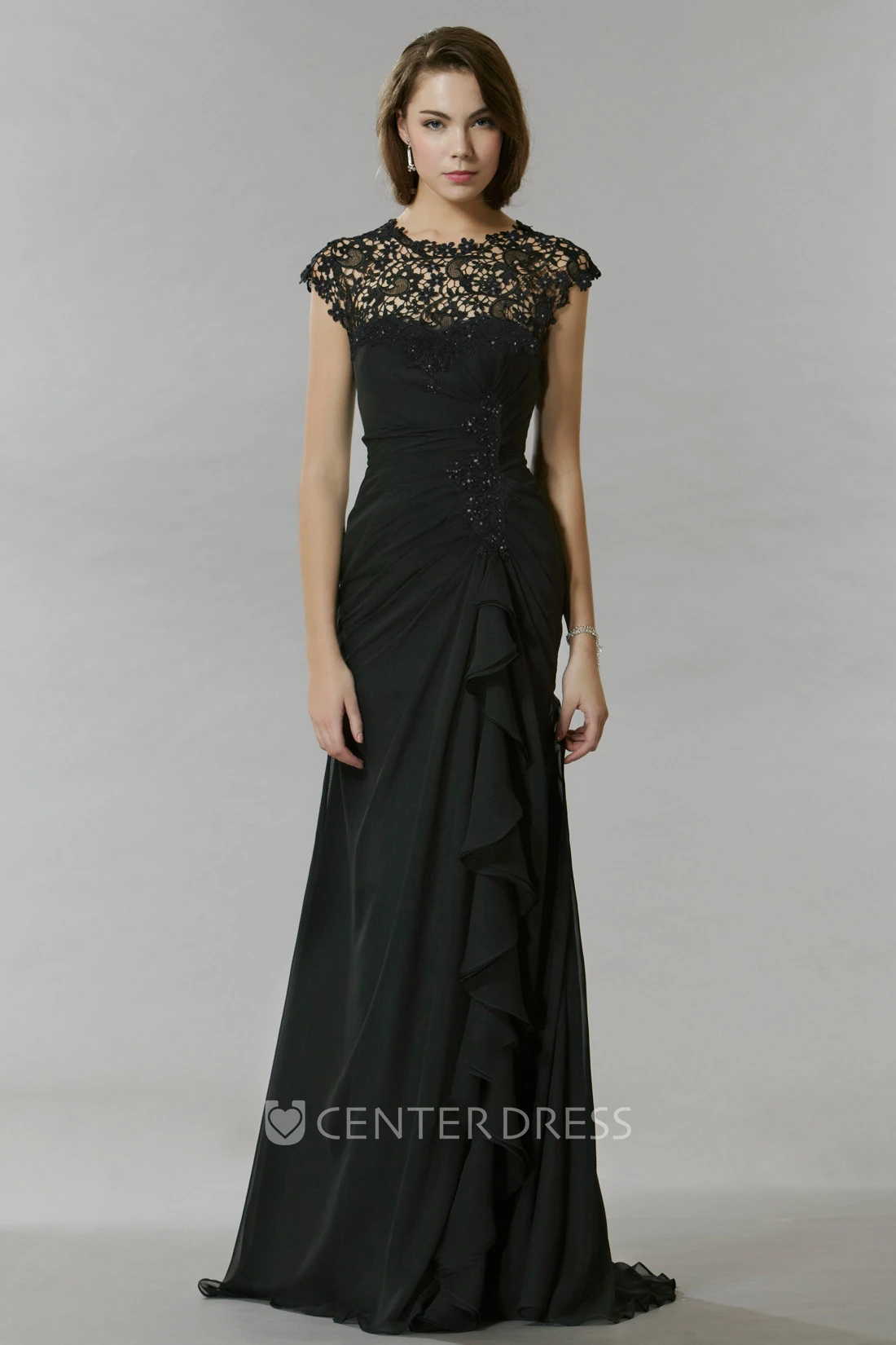Sheath Long Lace Jewel Cap-Sleeve Chiffon Prom Dress With Beading And Draping