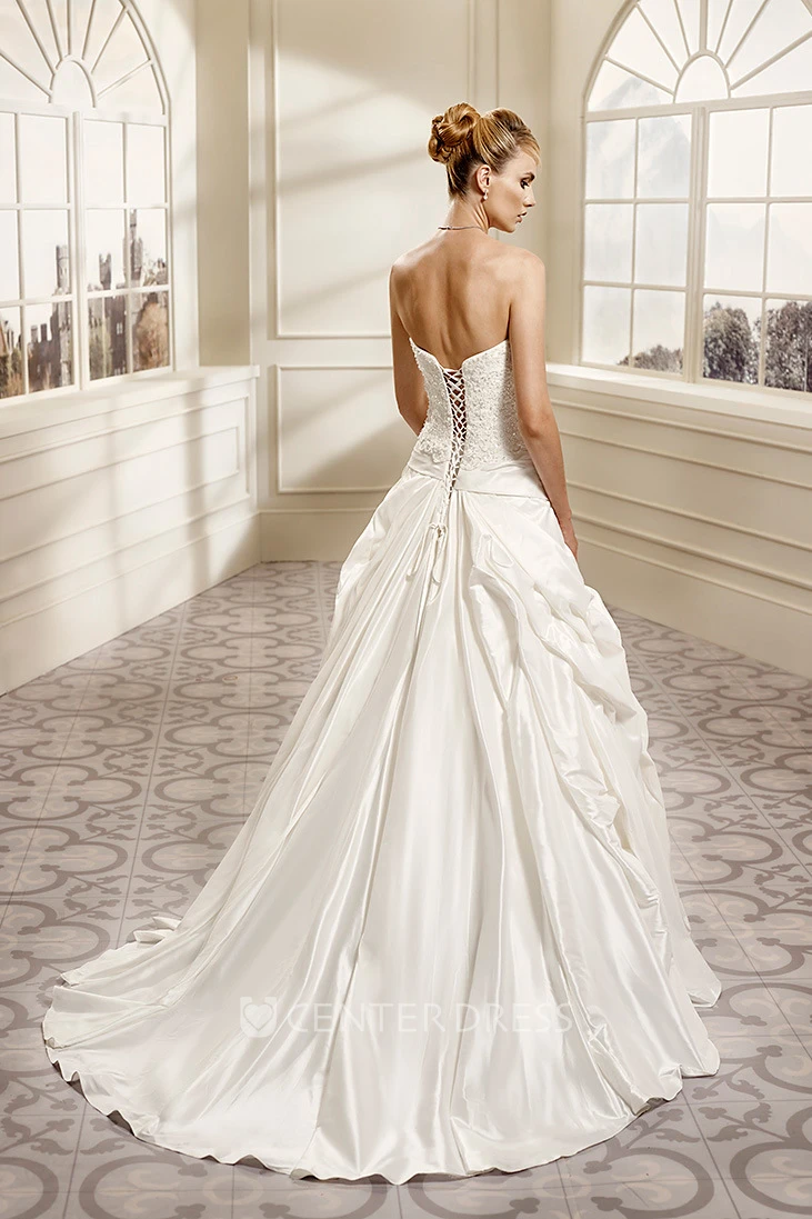 A-Line Pick-Up Sleeveless Floor-Length Strapless Satin&Lace Wedding Dress With Appliques