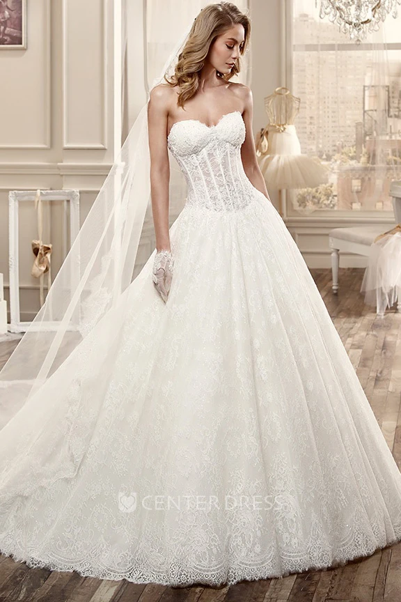 Sweetheart Wedding Dress with Appliques and Pleated Skirt