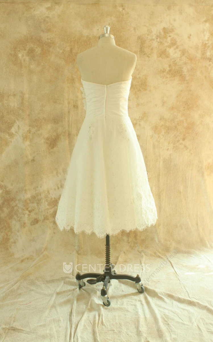 A-Line Tea-Length Lace Wedding Dress With Ruching And Sweetheart Neck