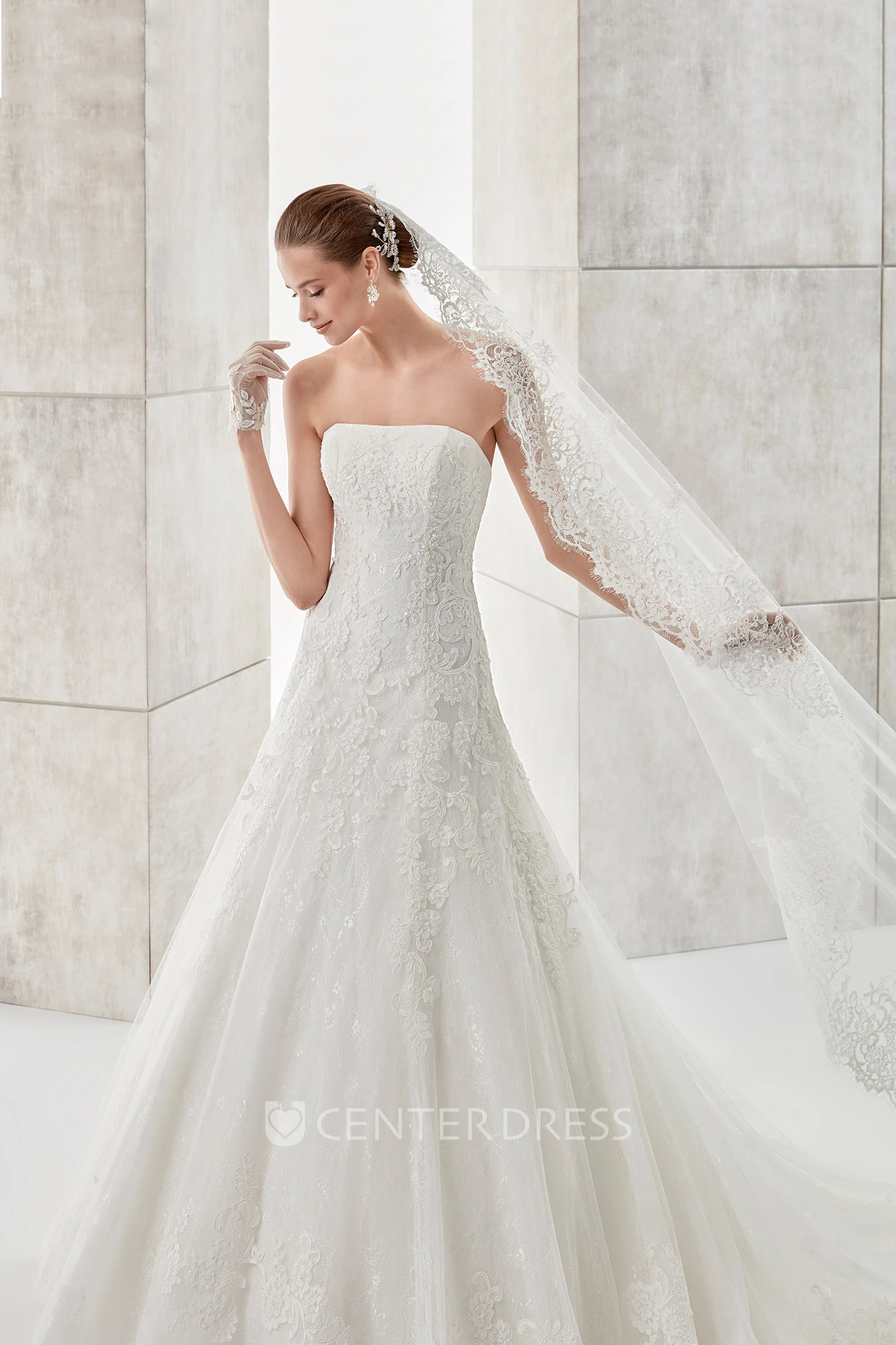 Simple Strapless A-line Wedding Dress with Appliques and Brush Train