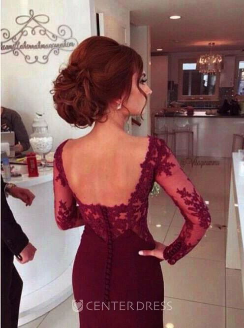 Illusion Long Sleeve Floor-length Sheath Sweetheart Satin Lace Dress
