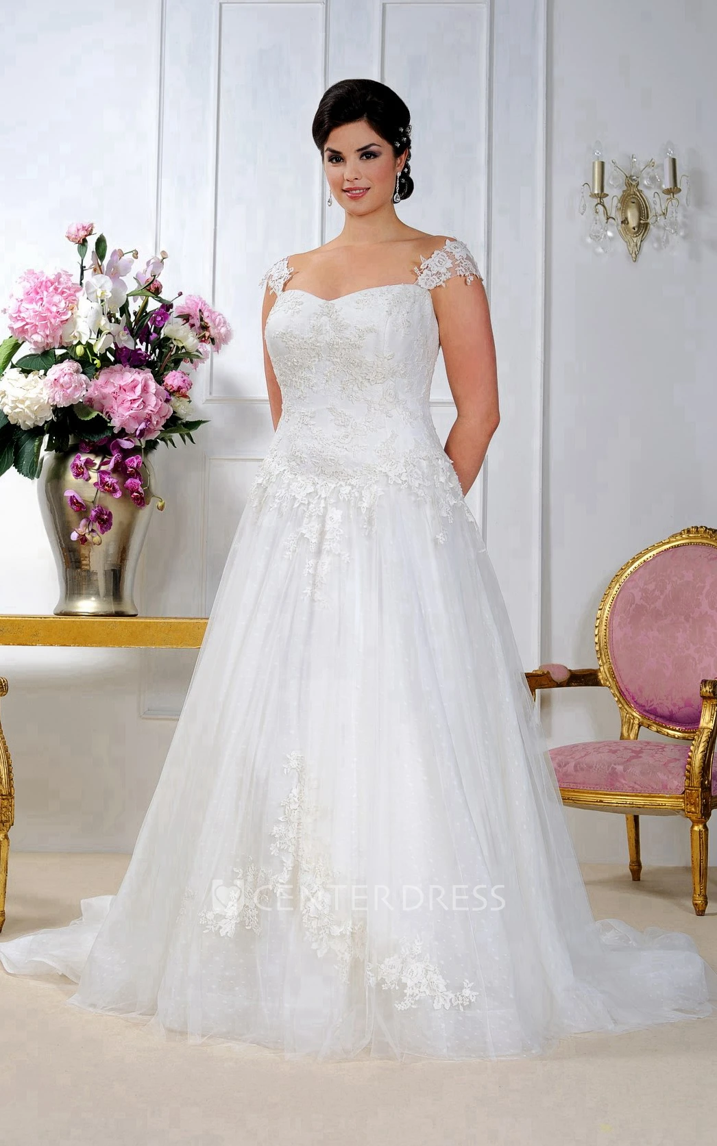 Lace Caped-Sleeve A-Line Pleated Gown With Appliques
