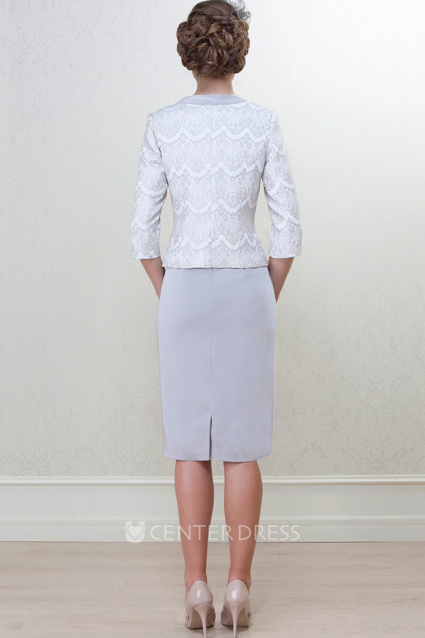 Pencil Knee-Length High Neck Caped 3-4 Sleeve Satin Mother Of The Bride Dress