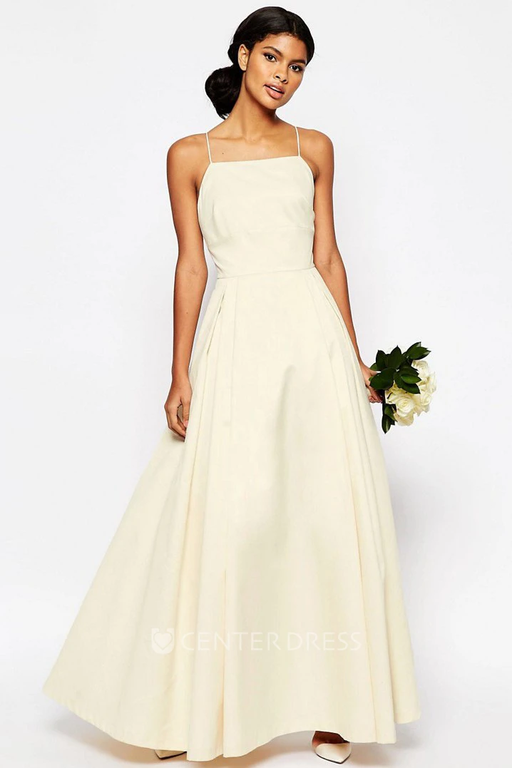 A-Line Long Spaghetti Sleeveless Wedding Dress
