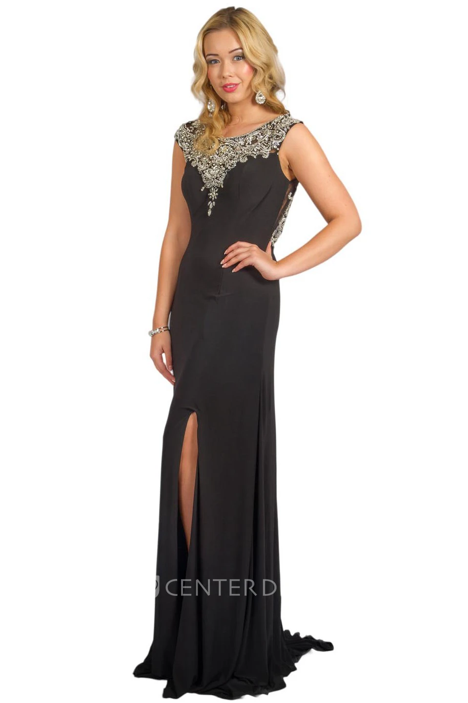 Sheath Beaded Sleeveless Scoop-Neck Floor-Length Jersey Prom Dress With Split Front