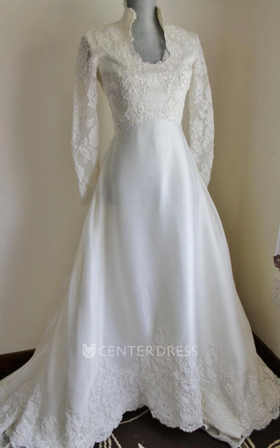 Queen Anne Neck Long Sleeve A-Line Satin Wedding Dress With Lace Hem