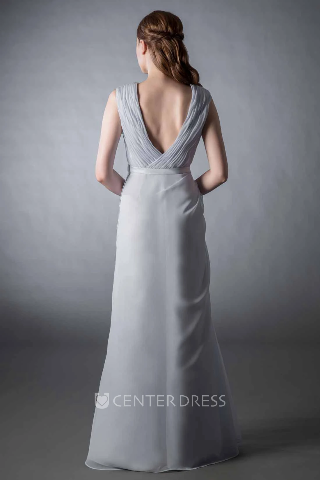 V-Neck Sleeveless Ruched Chiffon Bridesmaid Dress