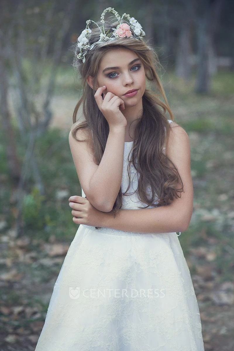 Tea-Length Floral Floral Tulle&Lace Flower Girl Dress