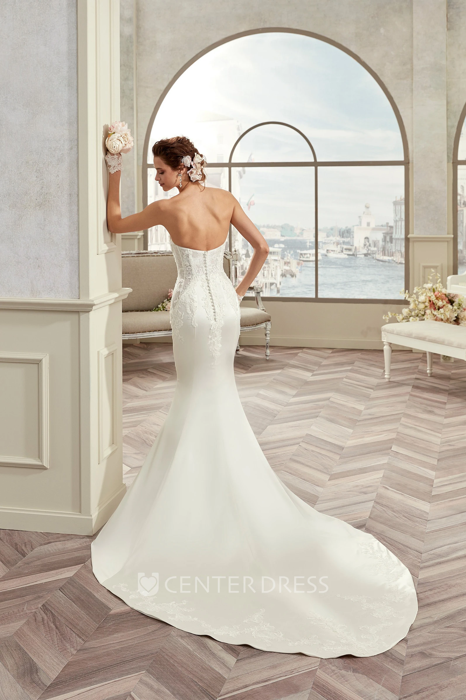 Strapless Sheath Bridal Gown With Lace Corset And Court Train