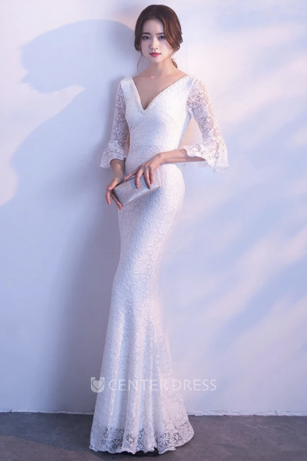 Mermaid Deep V-neck 3/4 Poet Sleeve Sexy Wedding Dress With Straps Back