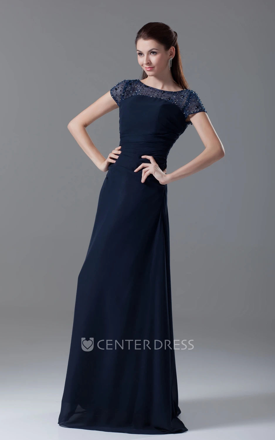 Maxi Bateau-Neck Pleated-Sleeve Dress With Crystal Detailing