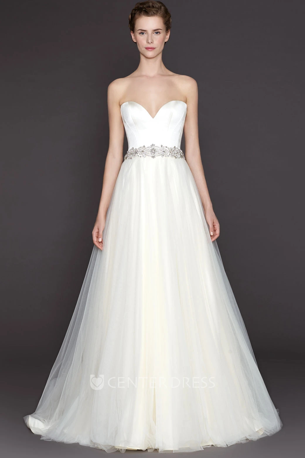 A-Line Floor-Length Sweetheart Tulle Wedding Dress With Waist Jewellery And V Back