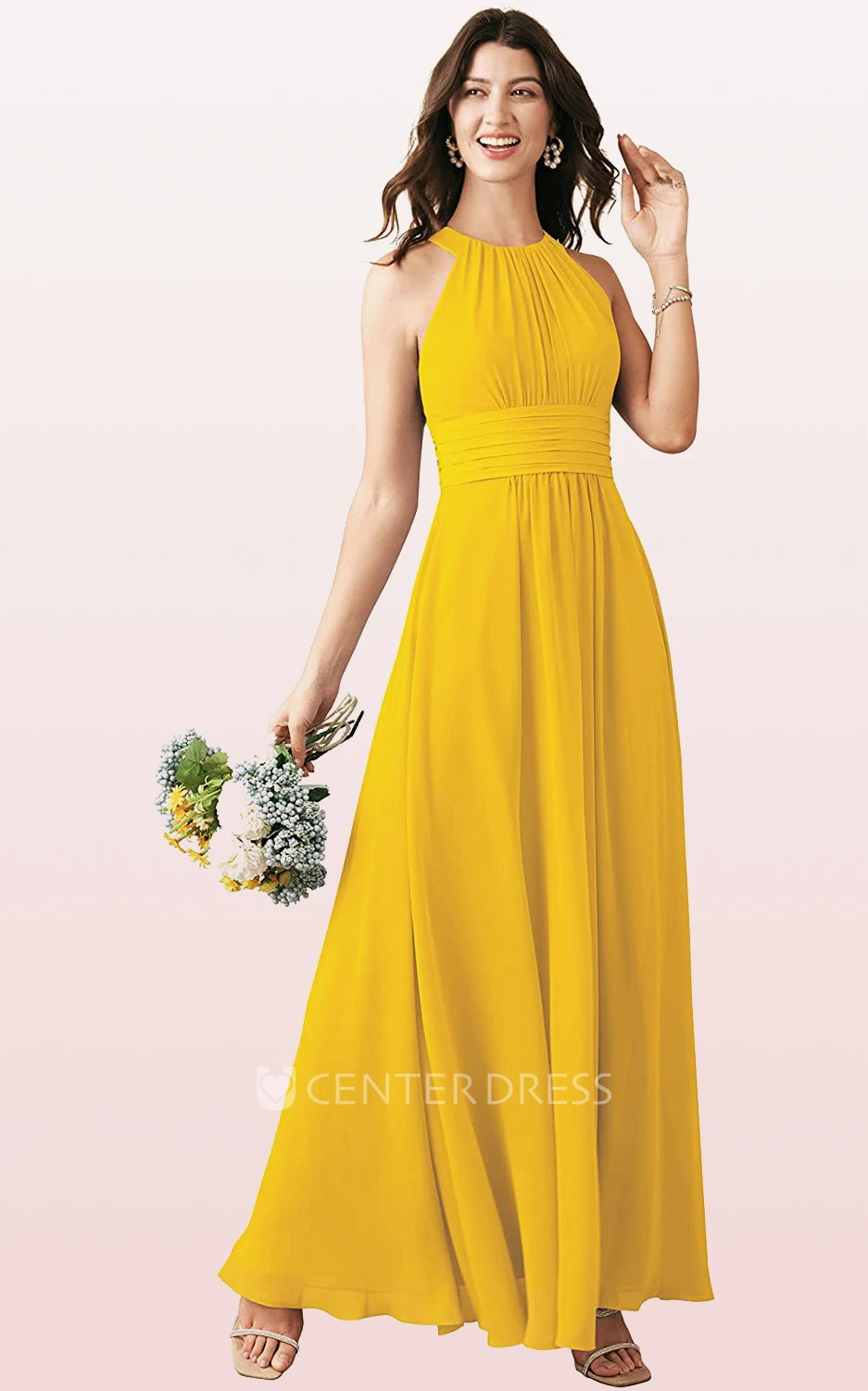 Modern Chiffon Ankle-length Halter A Line Sleeveless Bridesmaid Dress With Ruching