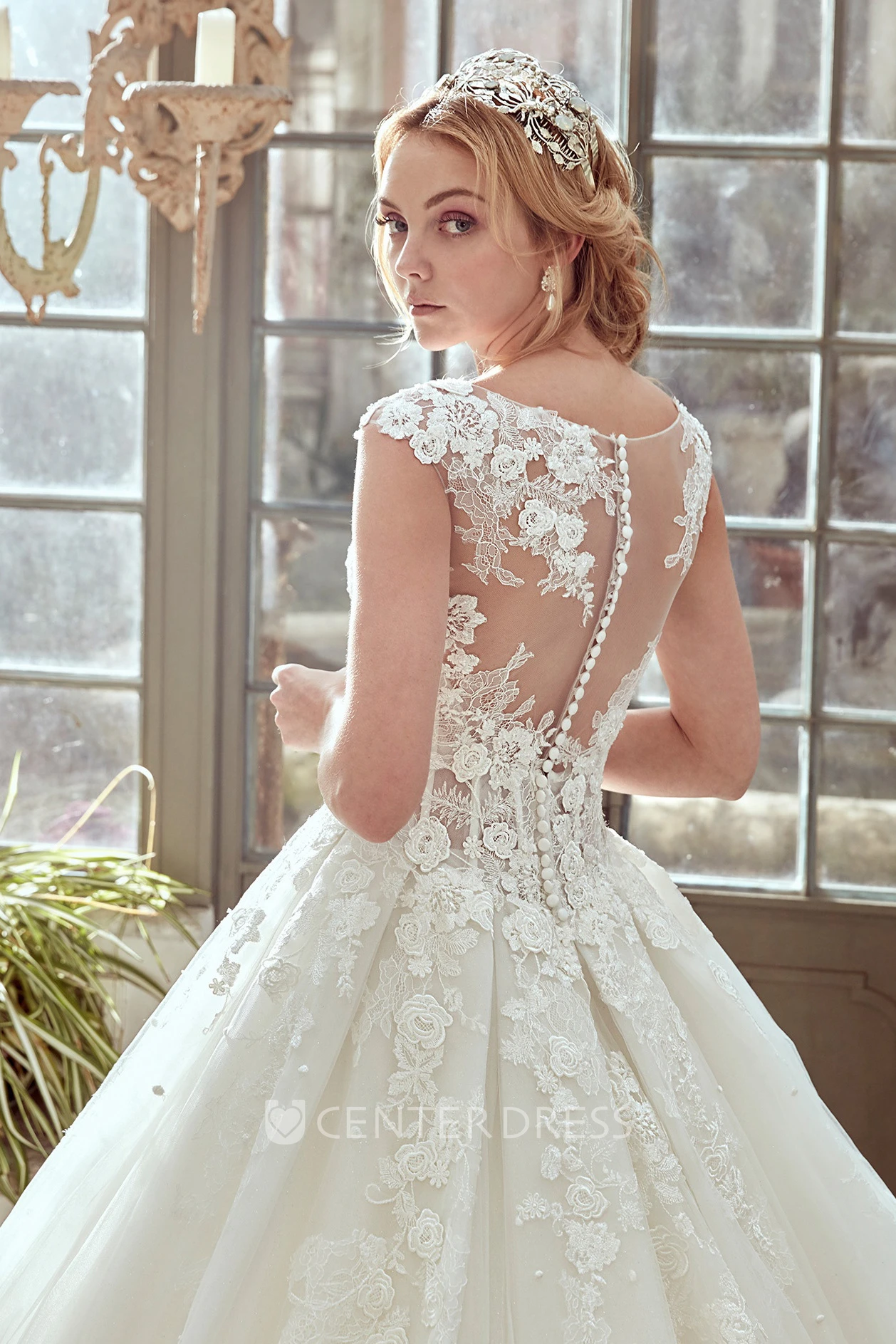 Cap-Sleeve Wedding Dress with Pleated Tulle Skirt and Lace Corset