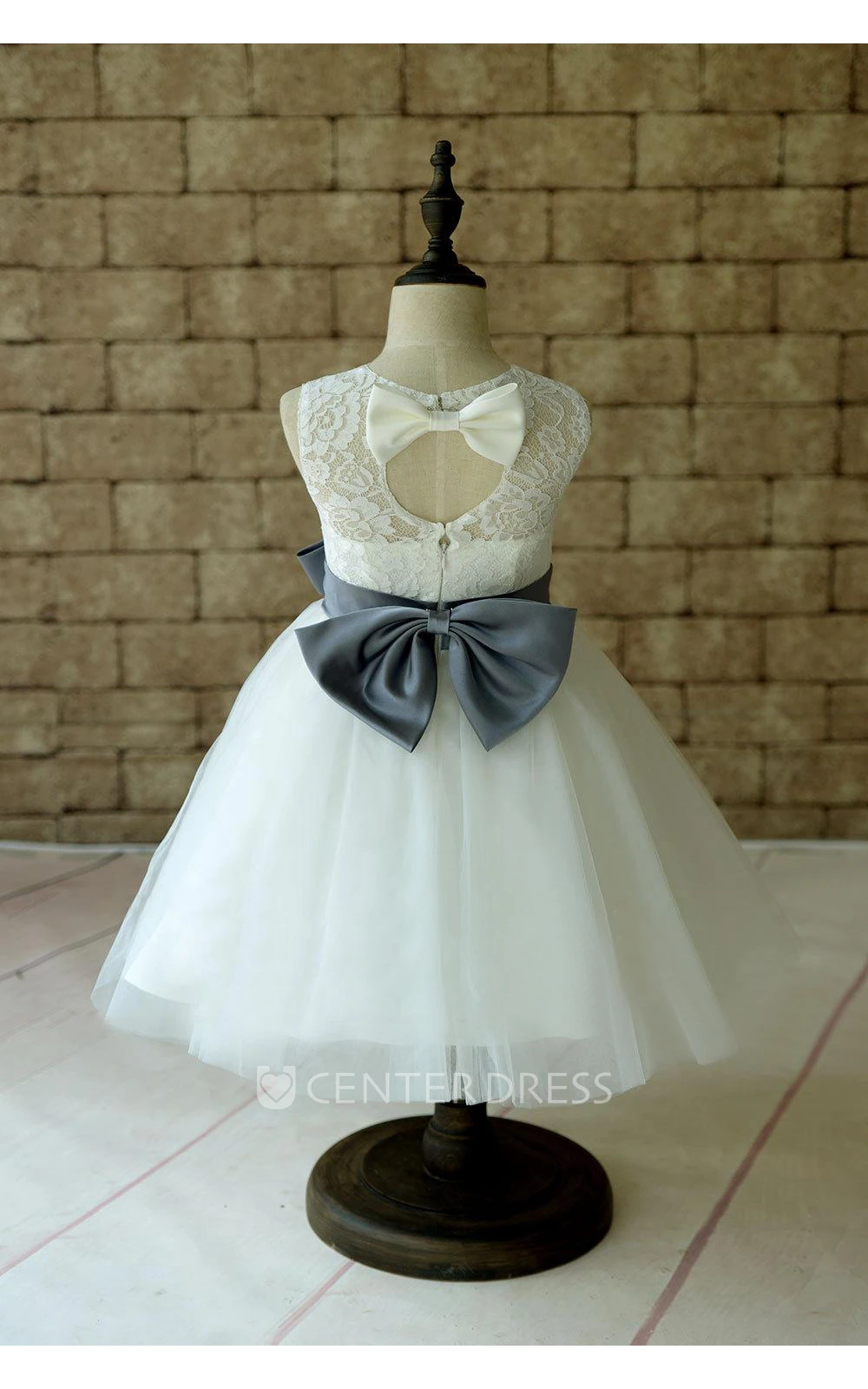 Ivory Lace Tulle Flower Girl Dress With Gray Sash and Bow