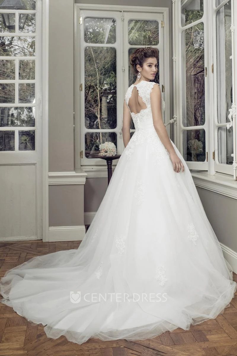 Ball-Gown Sleeveless Maxi Appliqued Lace&Satin Wedding Dress With Waist Jewellery And Keyhole Back