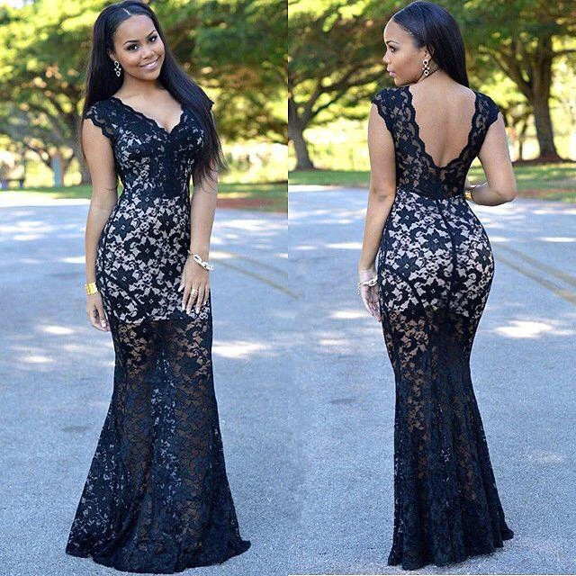 Sexy Black Lace V-Neck Prom Dresses 2-16 Mermaid Long Party Gowns
