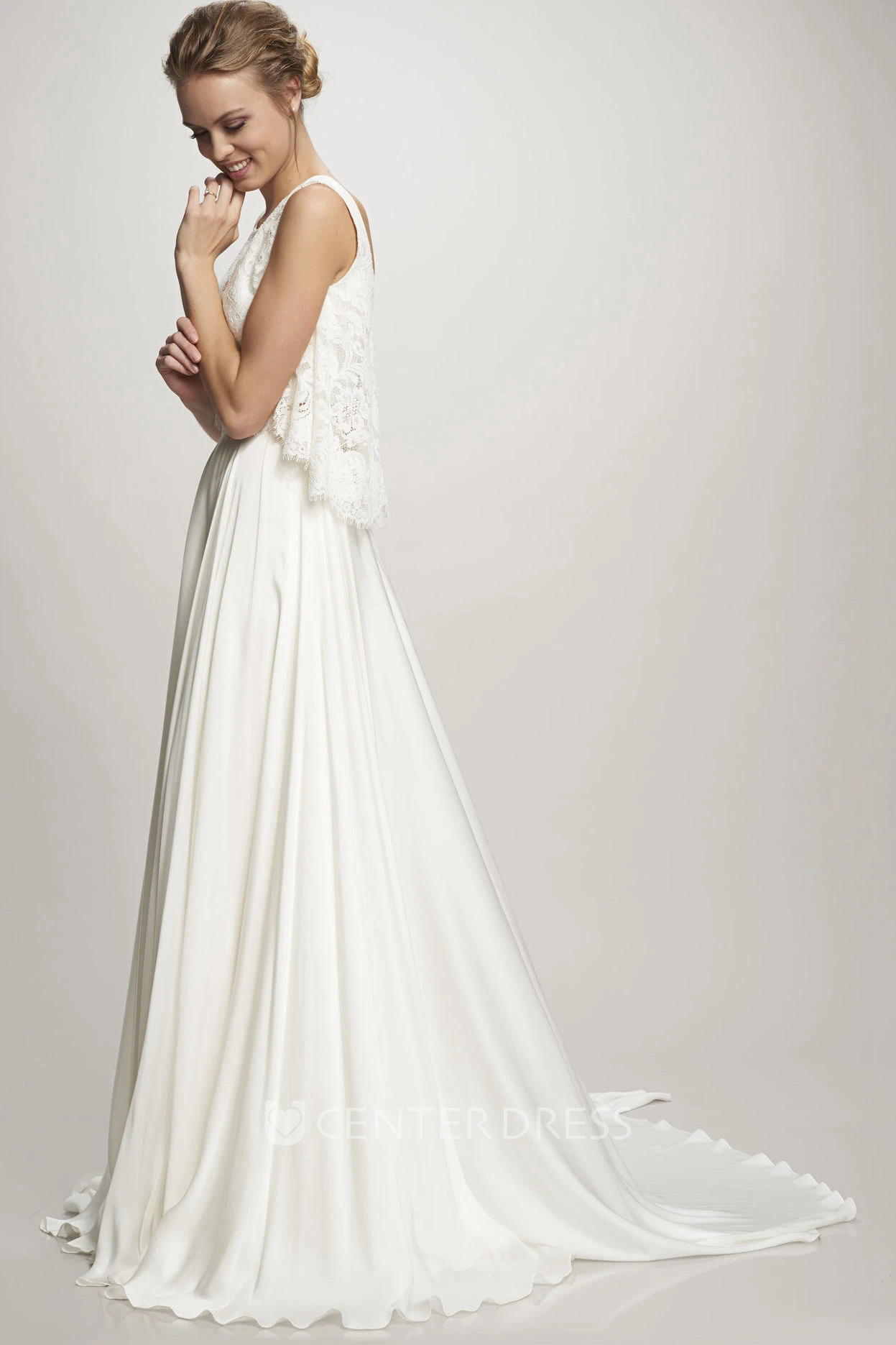 Pleated High Neck Sleeveless Chiffon Wedding Dress