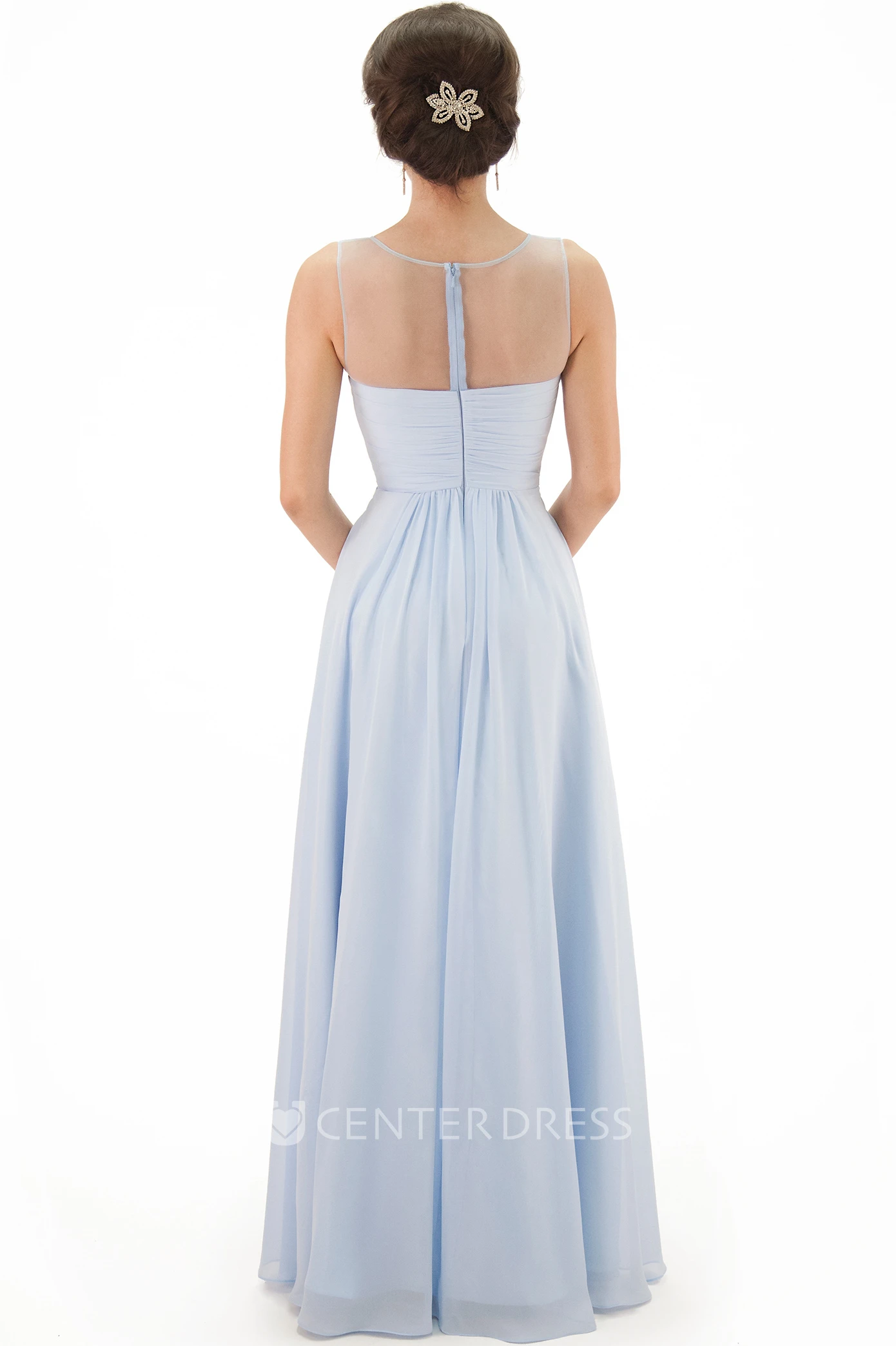 Floor-Length Scoop Ruched Chiffon Bridesmaid Dress With Illusion