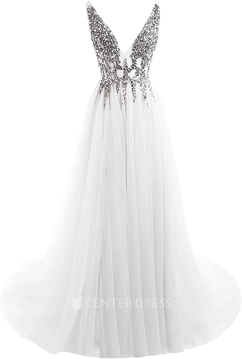 Tulle Floor-length Court Train V-neck A Line Sleeveless Prom Dress With Beading